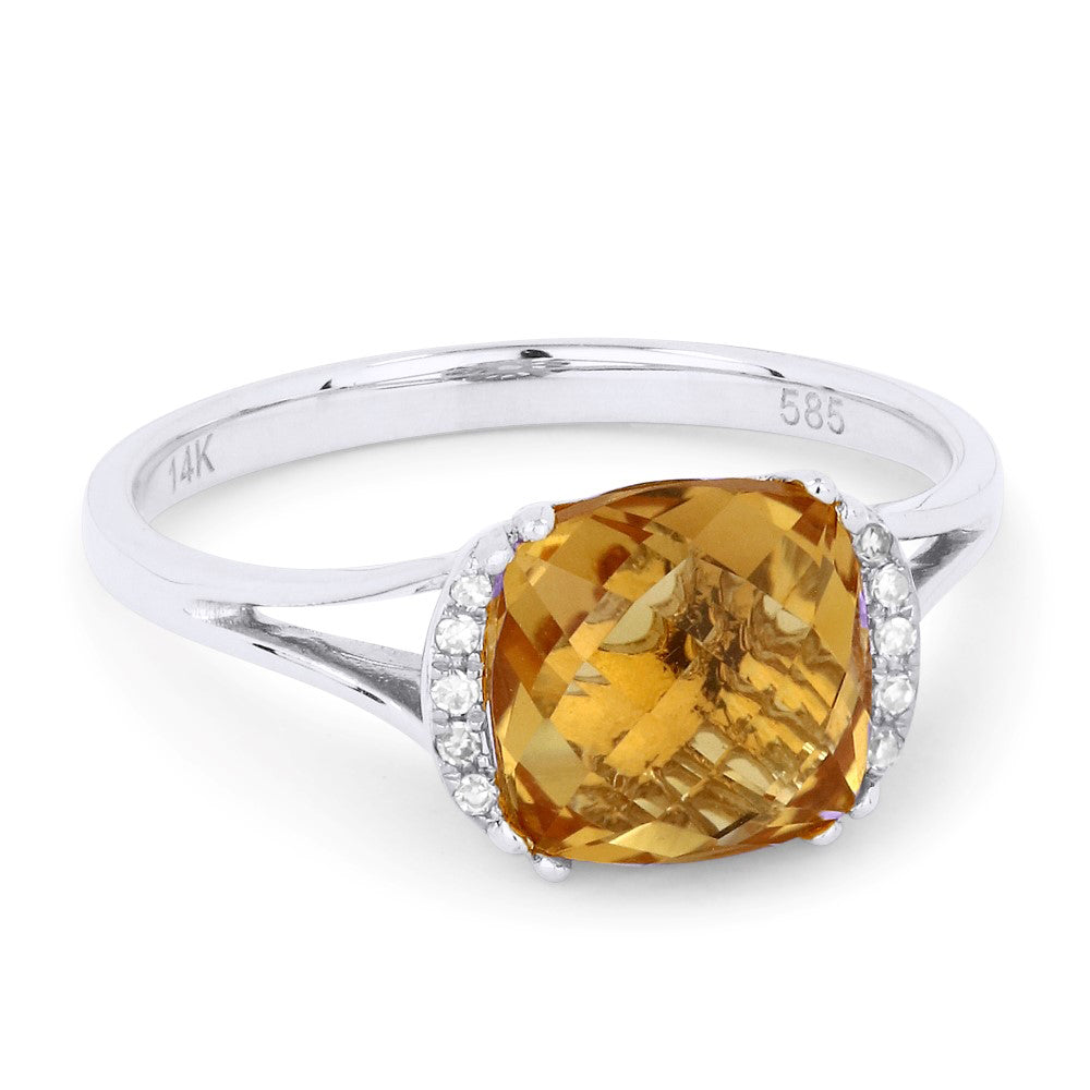 Beautiful Hand Crafted 14K White Gold 8MM Citrine And Diamond Essentials Collection Ring