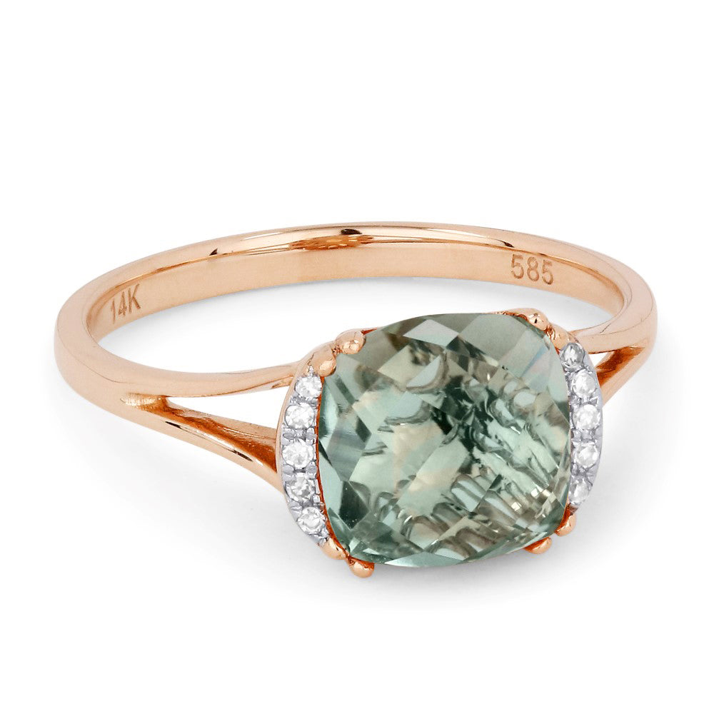 Beautiful Hand Crafted 14K Rose Gold 8MM Green Amethyst And Diamond Essentials Collection Ring