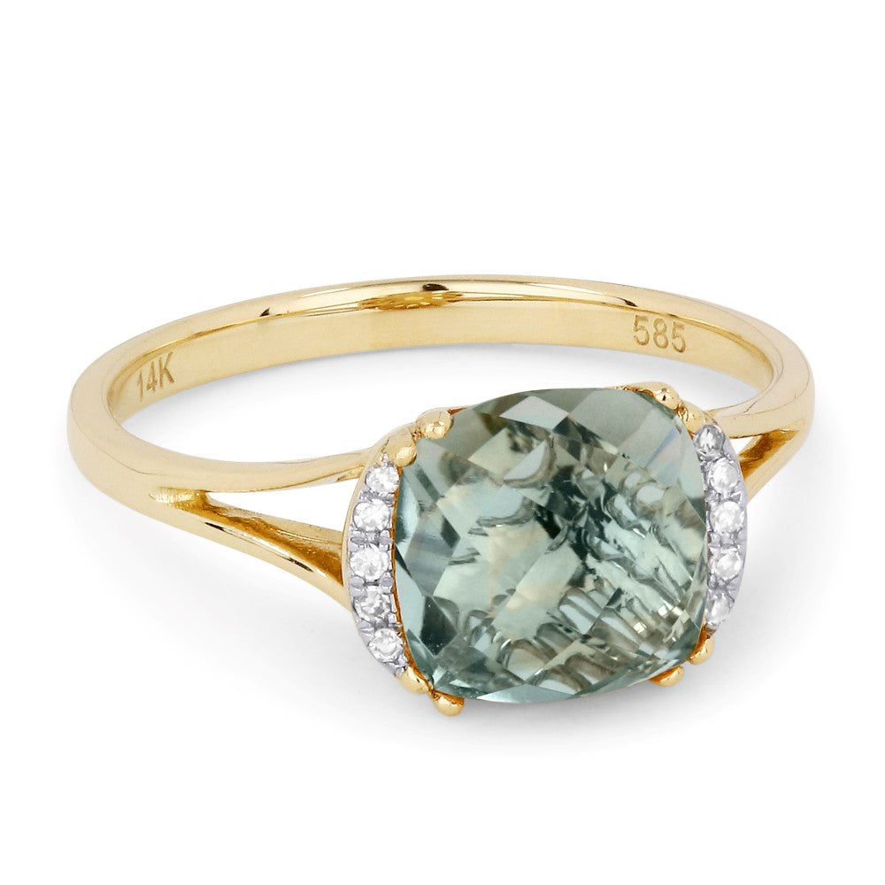 Beautiful Hand Crafted 14K Yellow Gold 8MM Green Amethyst And Diamond Essentials Collection Ring