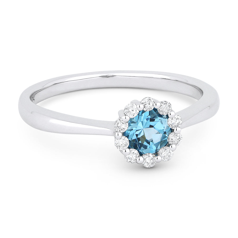 Beautiful Hand Crafted 14K White Gold 4MM Blue Topaz And Diamond Essentials Collection Ring