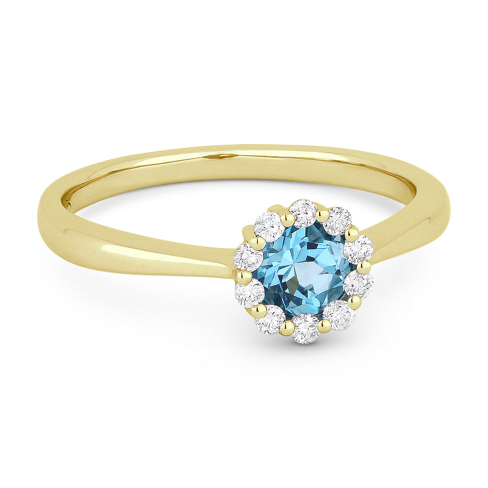 Beautiful Hand Crafted 14K Yellow Gold 4MM Blue Topaz And Diamond Essentials Collection Ring