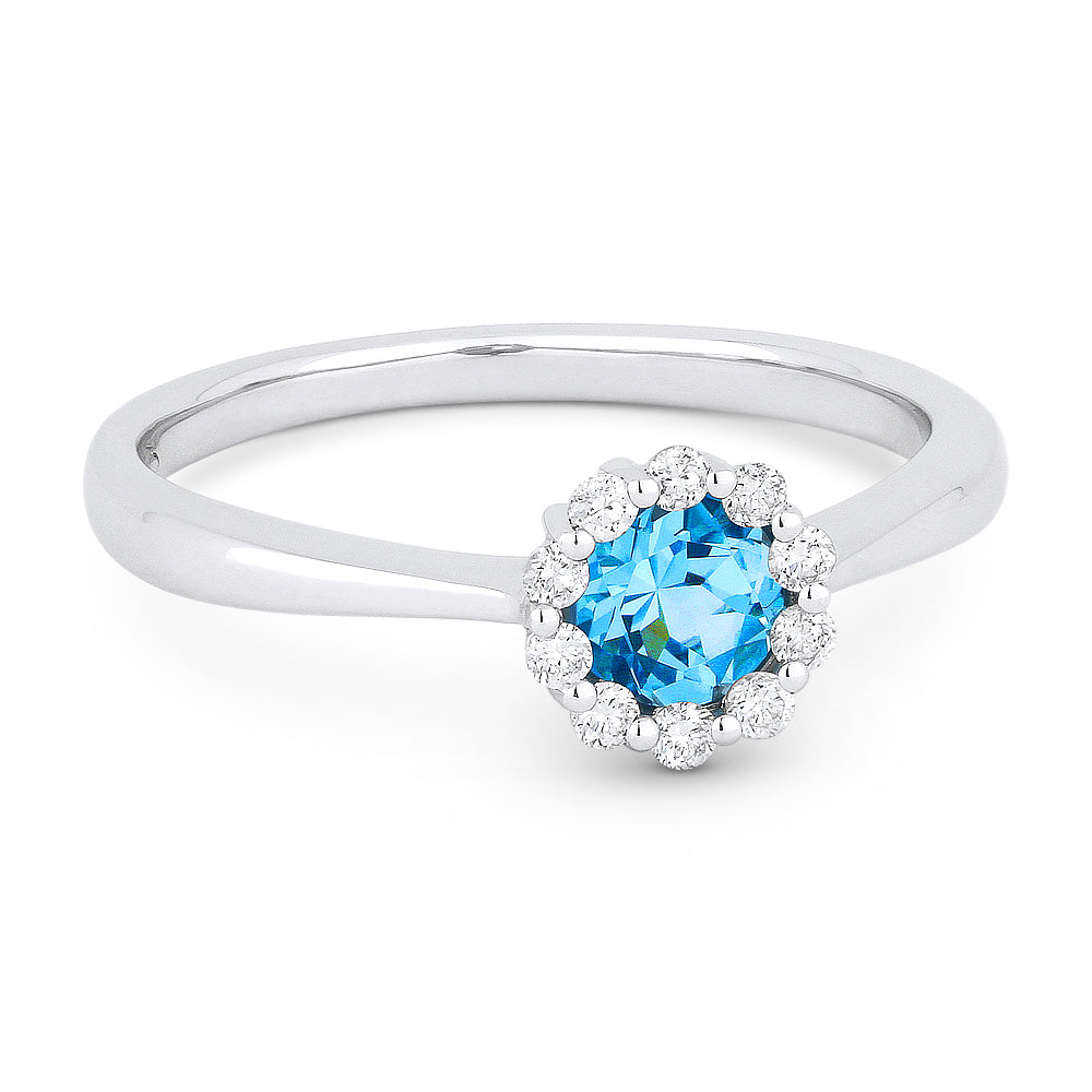 Beautiful Hand Crafted 14K White Gold 4MM Swiss Blue Topaz And Diamond Essentials Collection Ring