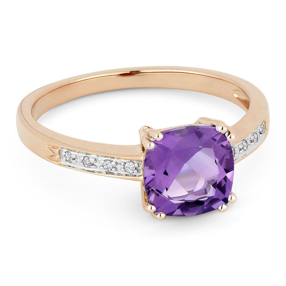 Beautiful Hand Crafted 14K Rose Gold 7MM Amethyst And Diamond Essentials Collection Ring