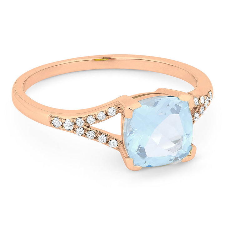 Beautiful Hand Crafted 14K Rose Gold 7MM Aquamarine And Diamond Essentials Collection Ring