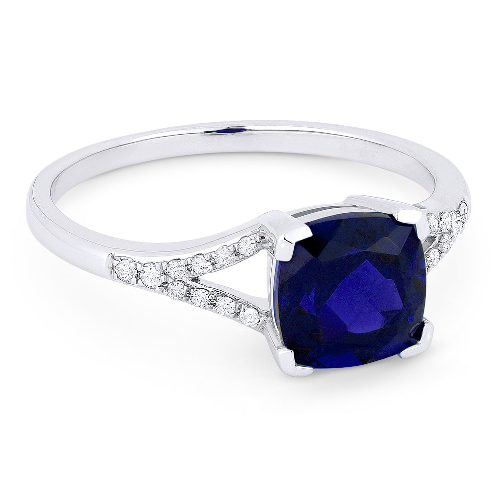 Beautiful Hand Crafted 14K White Gold 7MM Created Sapphire And Diamond Essentials Collection Ring