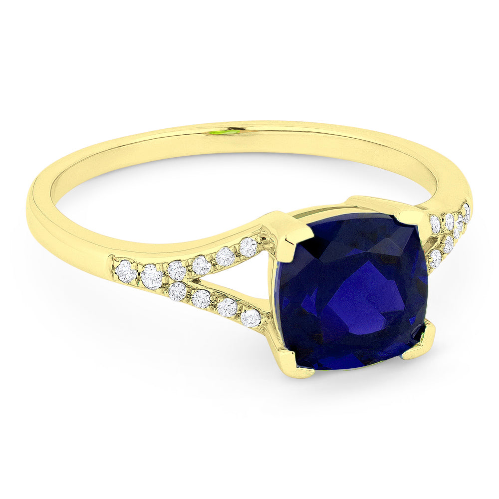 Beautiful Hand Crafted 14K Yellow Gold 7MM Created Sapphire And Diamond Essentials Collection Ring