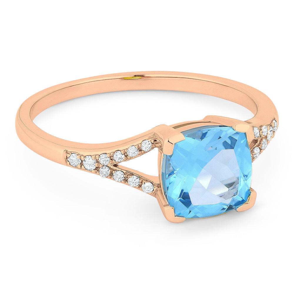 Beautiful Hand Crafted 14K Rose Gold 7MM Blue Topaz And Diamond Essentials Collection Ring