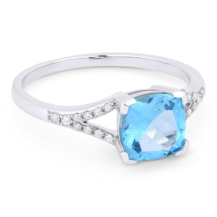 Beautiful Hand Crafted 14K White Gold 7MM Blue Topaz And Diamond Essentials Collection Ring