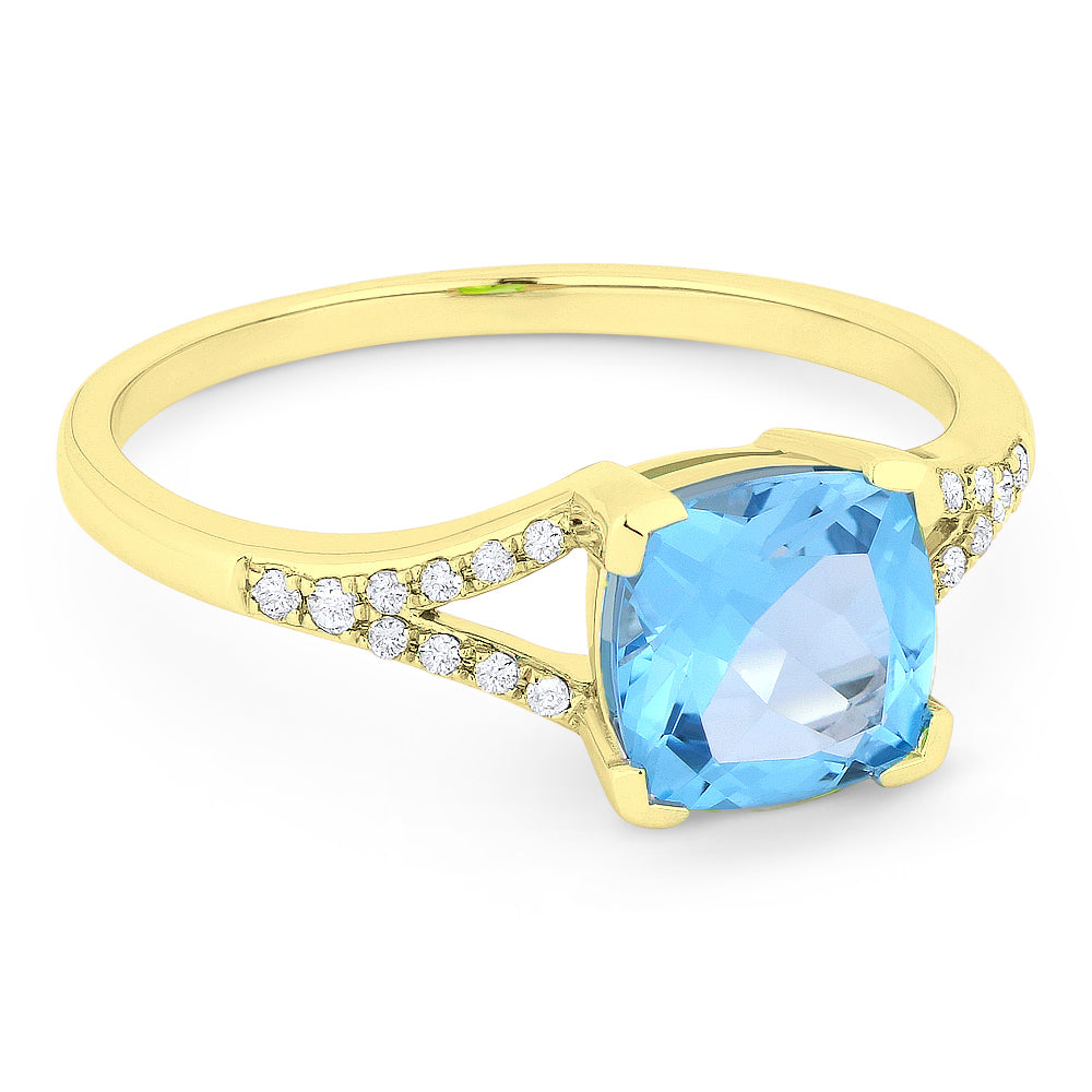 Beautiful Hand Crafted 14K Yellow Gold 7MM Blue Topaz And Diamond Essentials Collection Ring