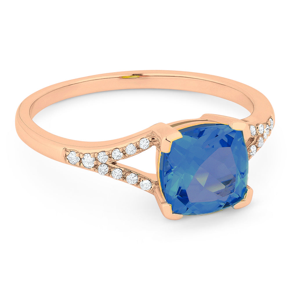 Beautiful Hand Crafted 14K Rose Gold 7MM London Blue Topaz And Diamond Essentials Collection Ring