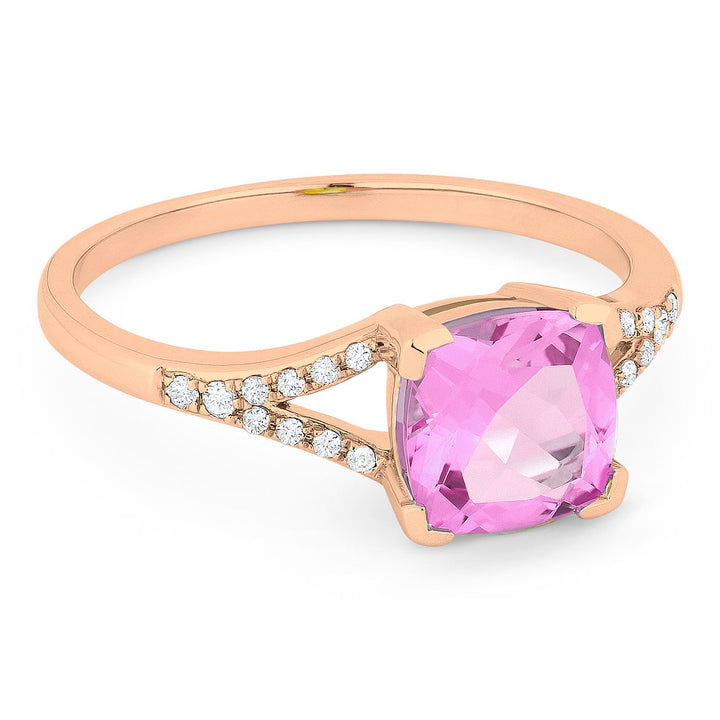 Beautiful Hand Crafted 14K Rose Gold 7MM Created Pink Sapphire And Diamond Essentials Collection Ring