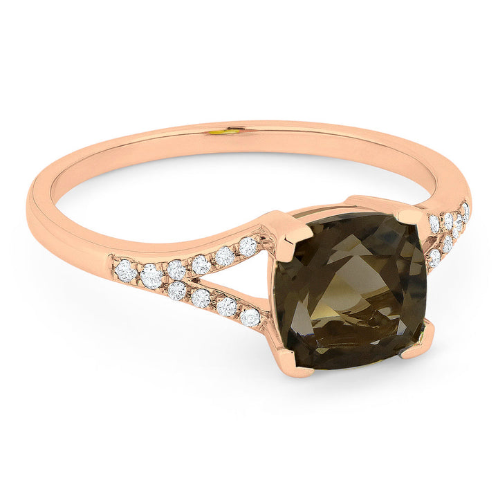 Beautiful Hand Crafted 14K Rose Gold 7MM Smokey Topaz And Diamond Essentials Collection Ring