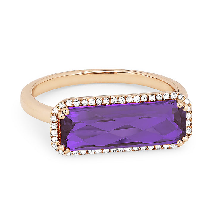 Beautiful Hand Crafted 14K Rose Gold 5x15MM Amethyst And Diamond Essentials Collection Ring