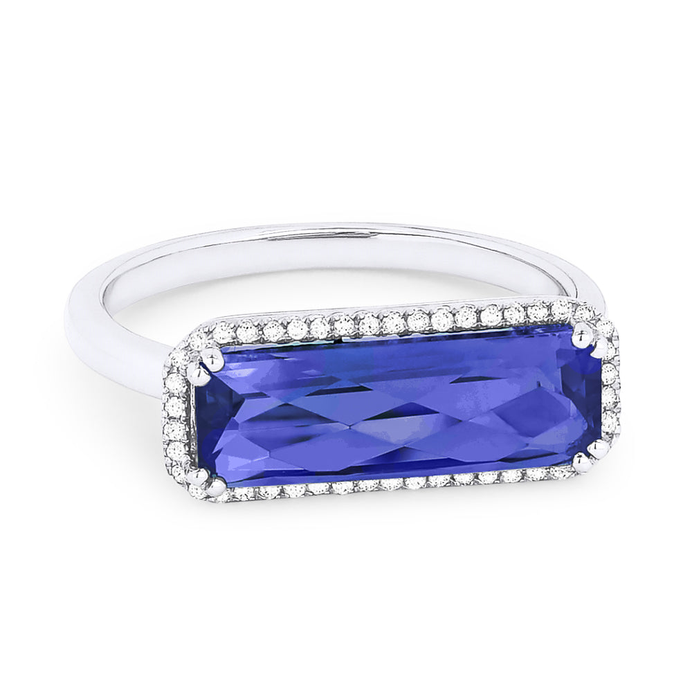 Beautiful Hand Crafted 14K White Gold 5x15MM Created Sapphire And Diamond Essentials Collection Ring