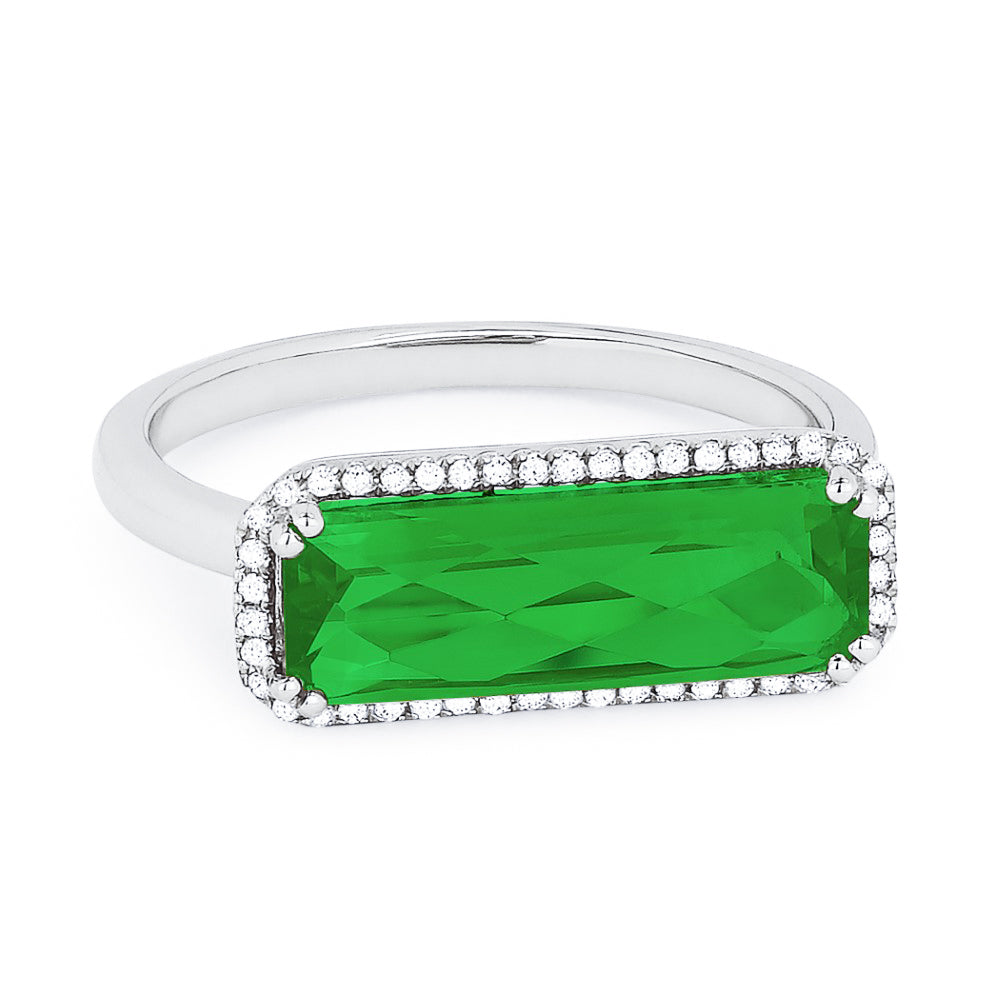 Beautiful Hand Crafted 14K White Gold 5x15MM Created Emerald And Diamond Essentials Collection Ring