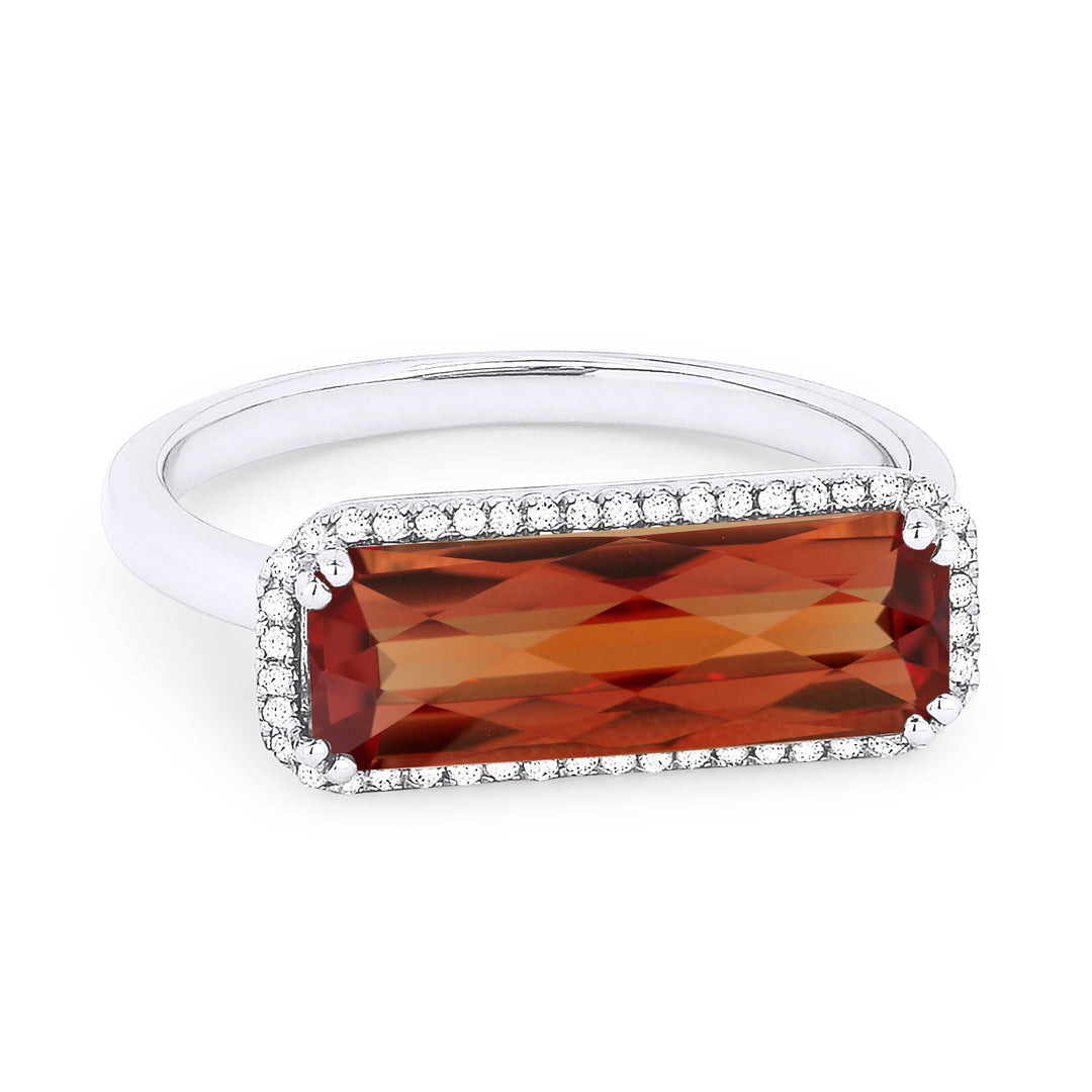 Beautiful Hand Crafted 14K White Gold 5x15MM Created Padparadscha And Diamond Essentials Collection Ring