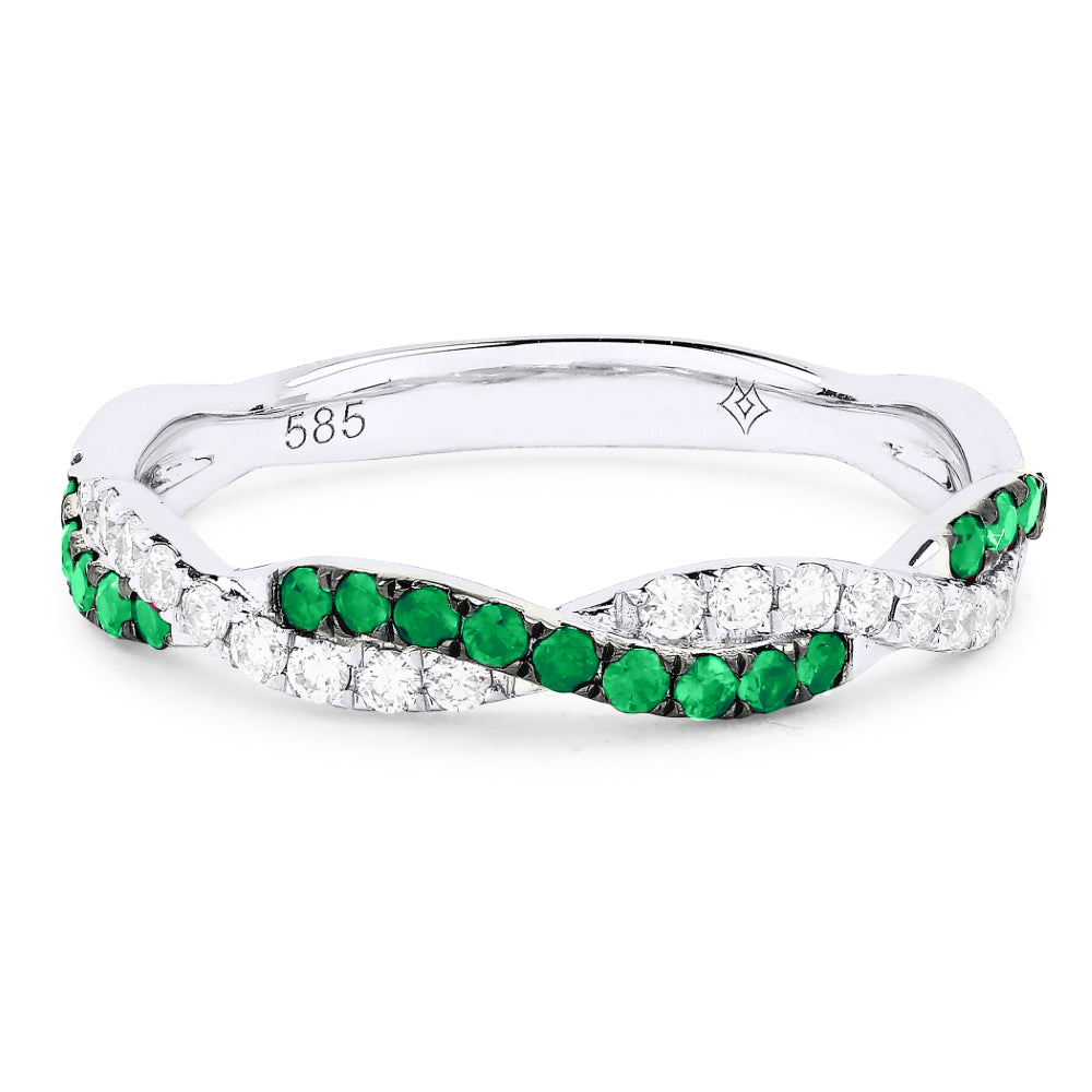 Beautiful Hand Crafted 14K White Gold 1MM Emerald And Diamond Arianna Collection Ring