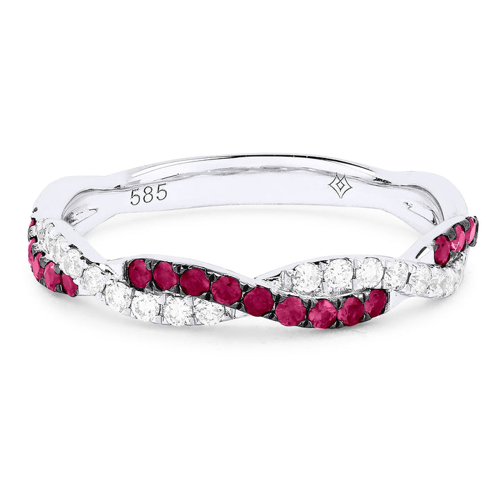 Beautiful Hand Crafted 14K White Gold 1MM Ruby And Diamond Arianna Collection Ring