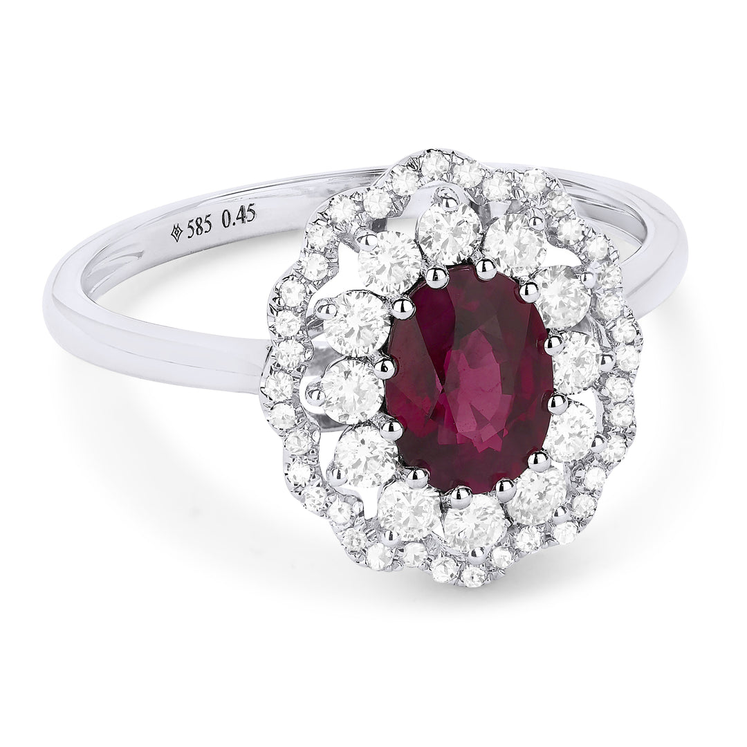 Beautiful Hand Crafted 14K White Gold 5x7MM Ruby And Diamond Arianna Collection Ring