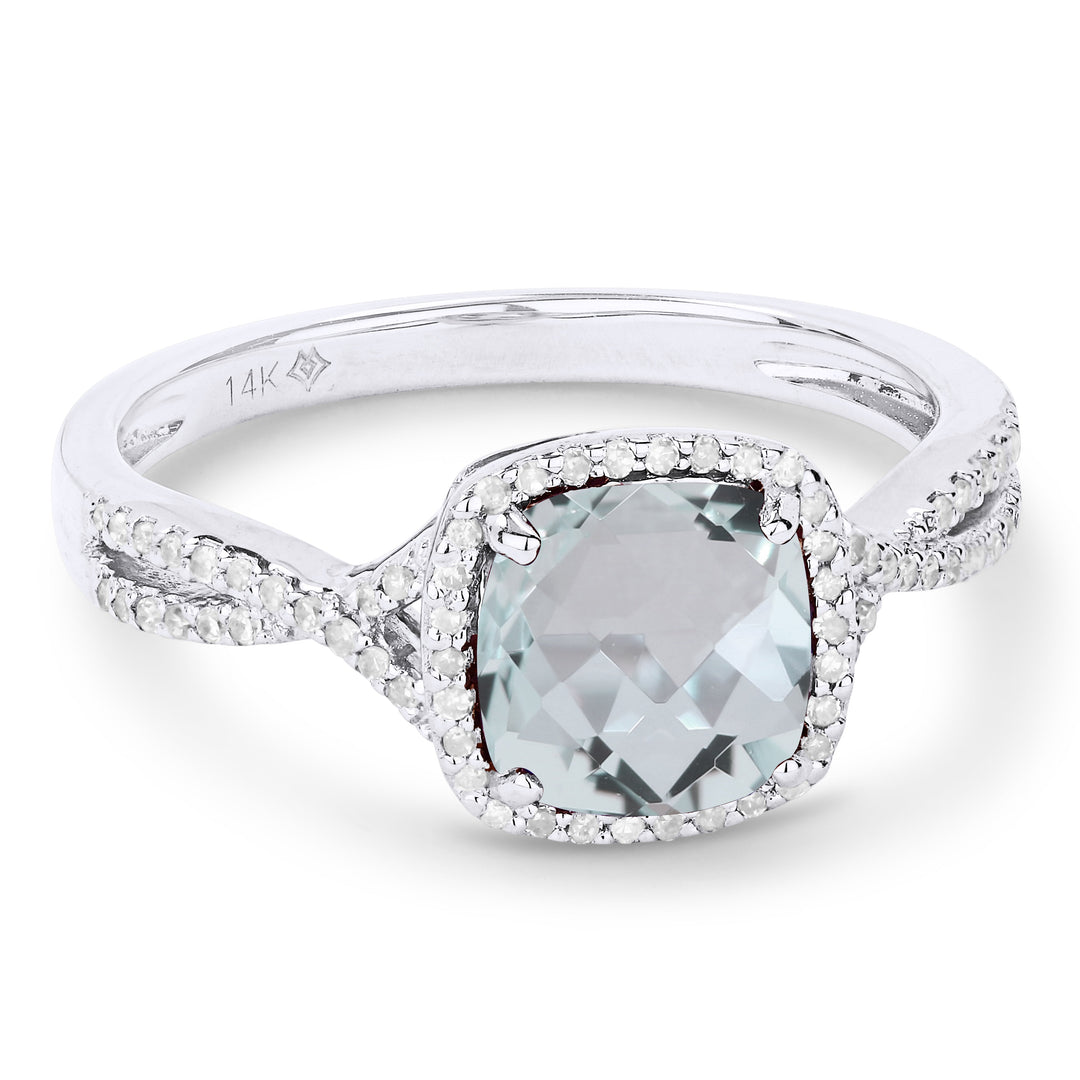 Beautiful Hand Crafted 14K White Gold 7x7MM Aquamarine And Diamond Essentials Collection Ring