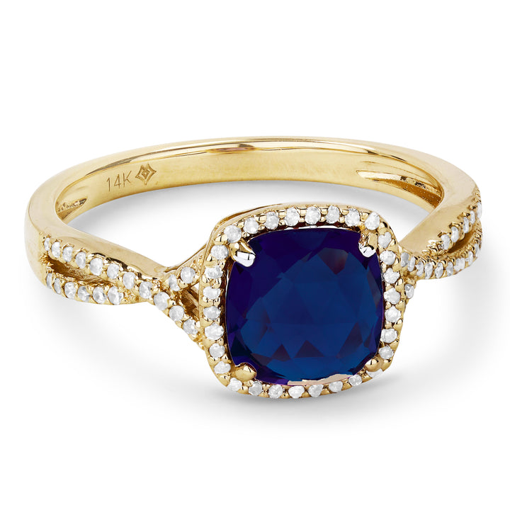 Beautiful Hand Crafted 14K Yellow Gold 7x7MM Created Sapphire And Diamond Essentials Collection Ring