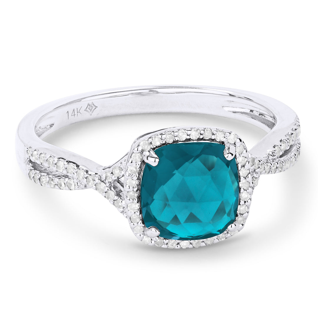 Beautiful Hand Crafted 14K White Gold 7x7MM Created Tourmaline Paraiba And Diamond Essentials Collection Ring