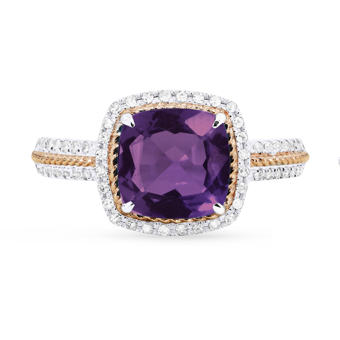 Beautiful Hand Crafted 14K Two Tone Gold 8MM Amethyst And Diamond Essentials Collection Ring