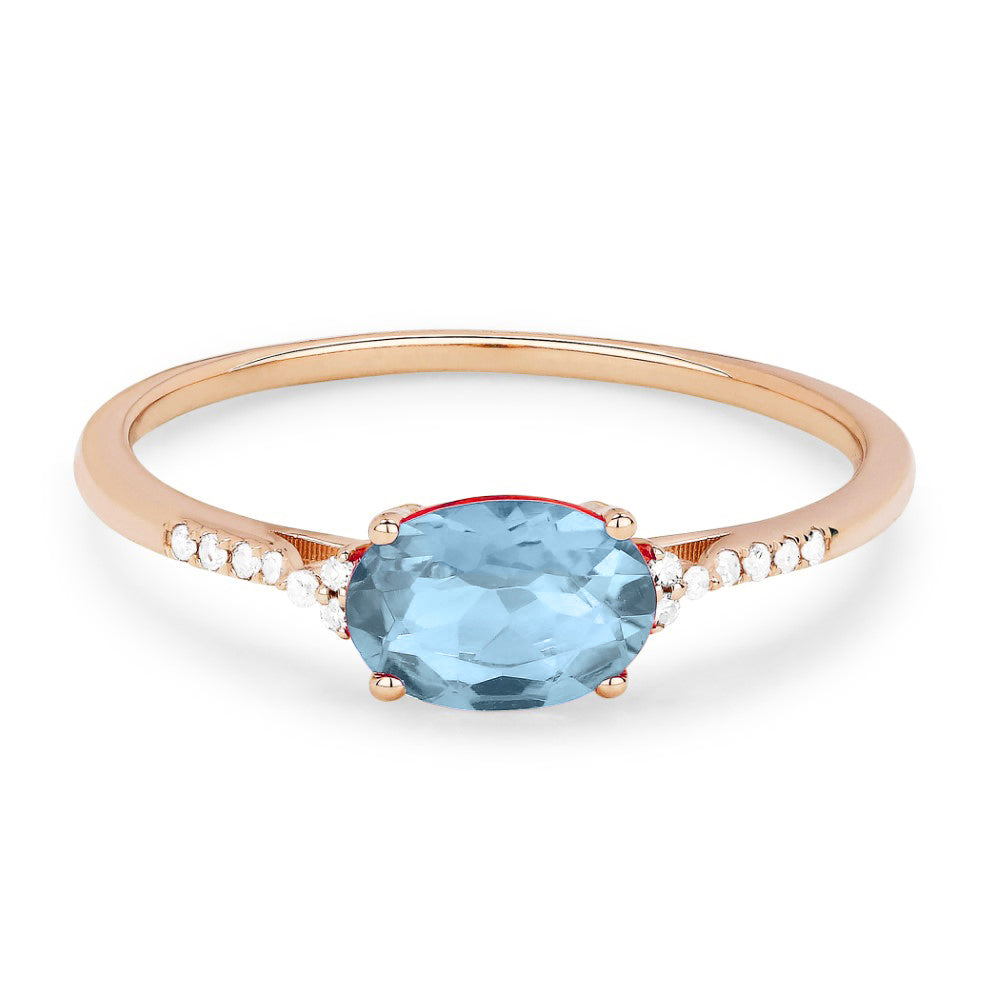 Beautiful Hand Crafted 14K Rose Gold 5x7MM Aquamarine And Diamond Essentials Collection Ring