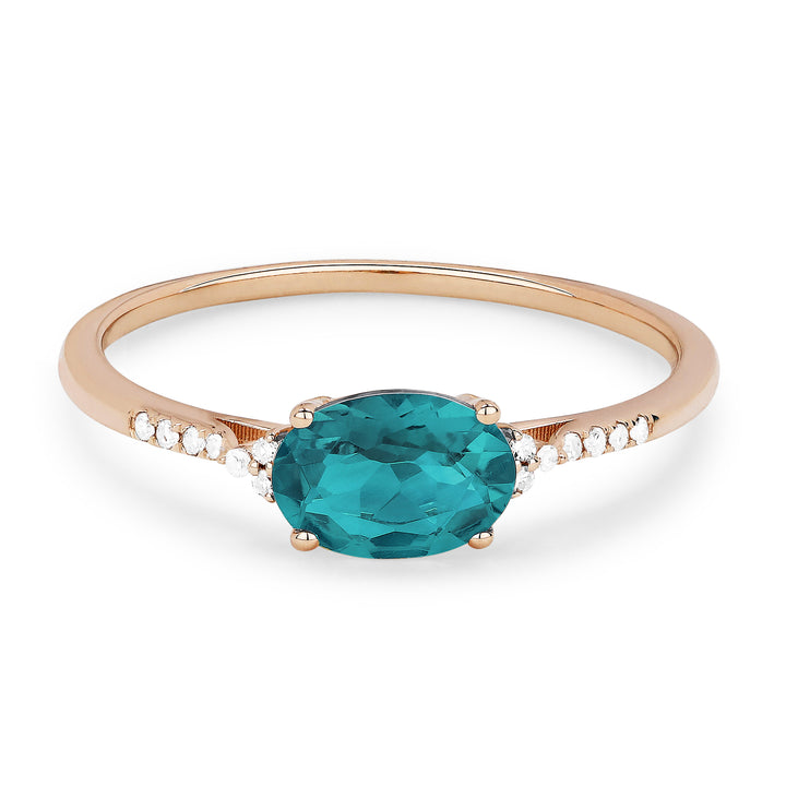 Beautiful Hand Crafted 14K Rose Gold 5x7MM Created Tourmaline Paraiba And Diamond Essentials Collection Ring