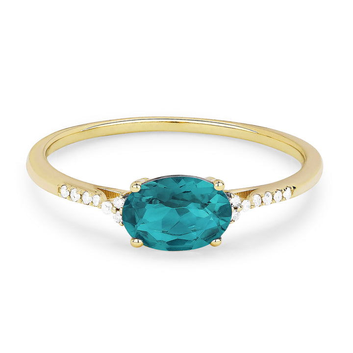 Beautiful Hand Crafted 14K Yellow Gold 5x7MM Created Tourmaline Paraiba And Diamond Essentials Collection Ring
