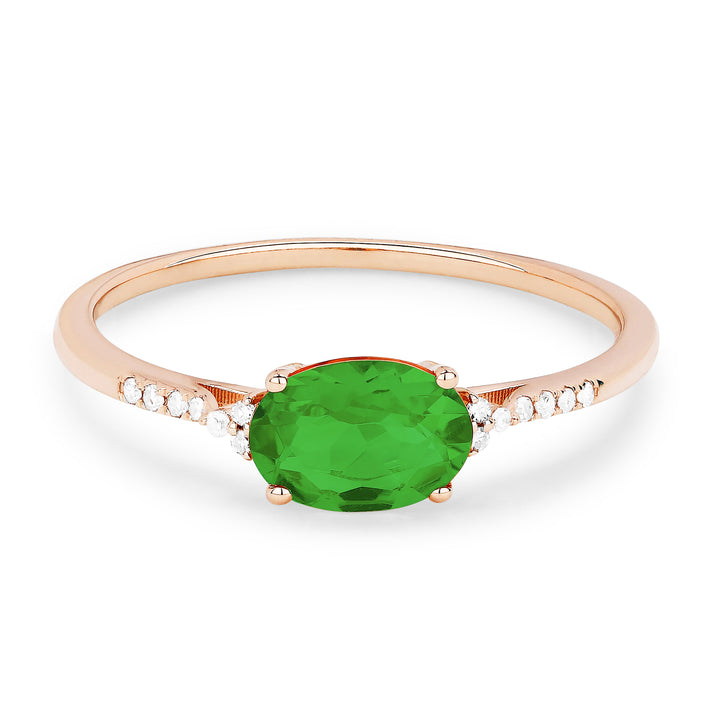 Beautiful Hand Crafted 14K Rose Gold 5x7MM Created Emerald And Diamond Essentials Collection Ring