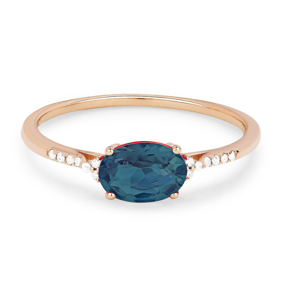 Beautiful Hand Crafted 14K Rose Gold 5x7MM London Blue Topaz And Diamond Essentials Collection Ring