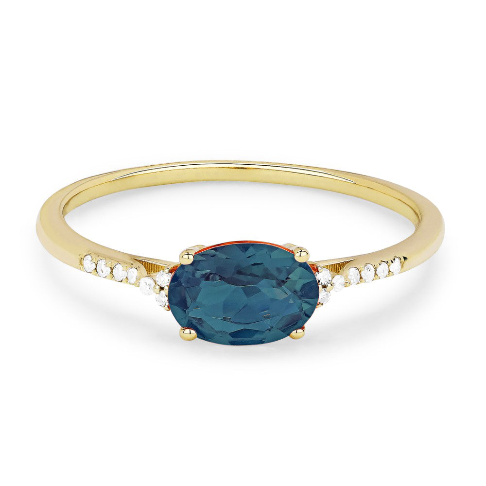 Beautiful Hand Crafted 14K Yellow Gold 5x7MM London Blue Topaz And Diamond Essentials Collection Ring