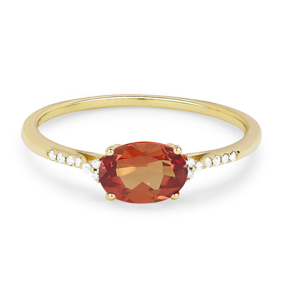 Beautiful Hand Crafted 14K Yellow Gold 5x7MM Created Padparadscha And Diamond Essentials Collection Ring