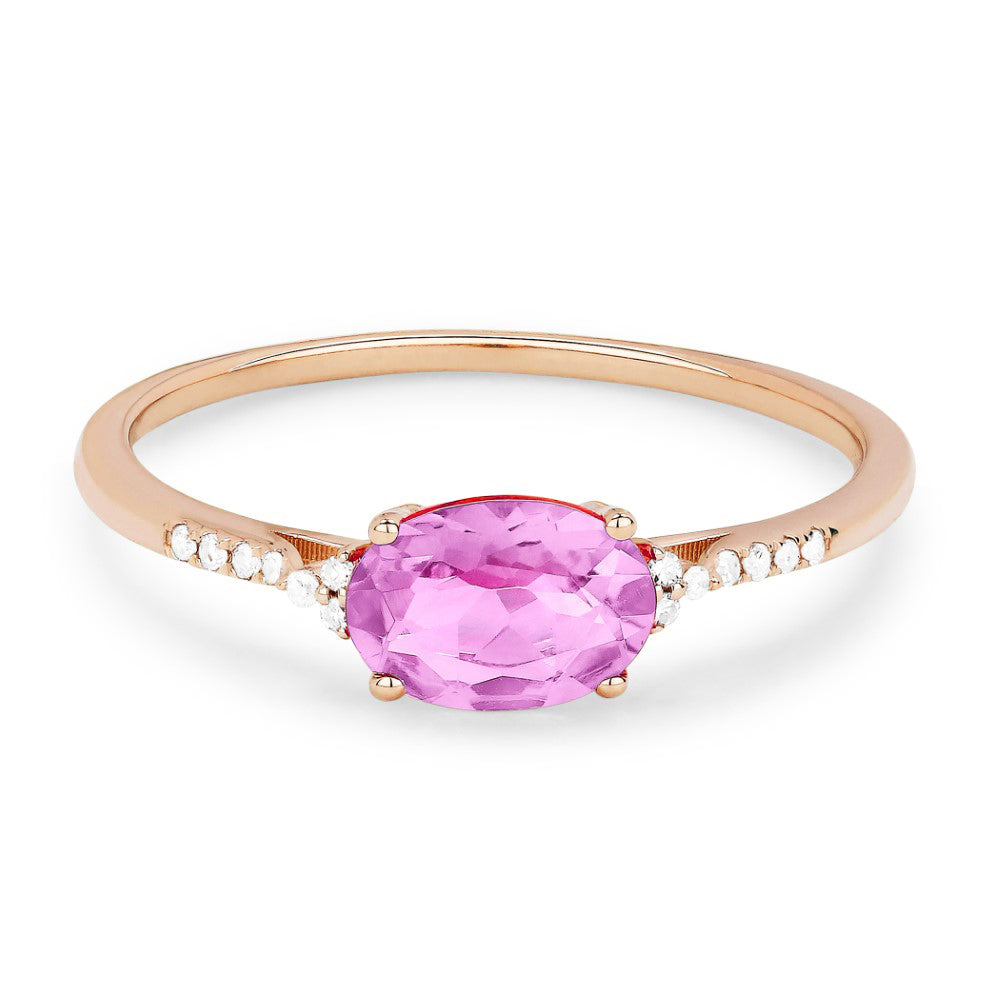 Beautiful Hand Crafted 14K Rose Gold 5x7MM Created Pink Sapphire And Diamond Essentials Collection Ring