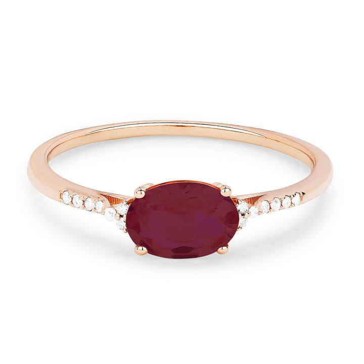 Beautiful Hand Crafted 14K Rose Gold 5x7MM Created Ruby And Diamond Essentials Collection Ring