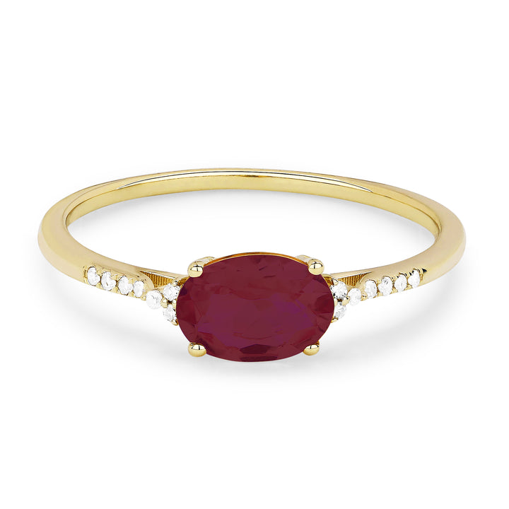 Beautiful Hand Crafted 14K Yellow Gold 5x7MM Created Ruby And Diamond Essentials Collection Ring