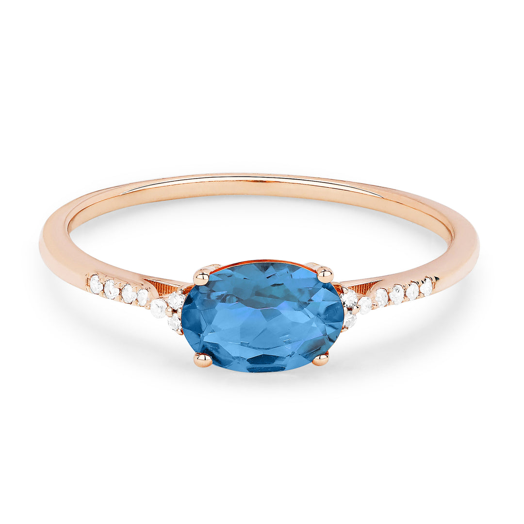 Beautiful Hand Crafted 14K Rose Gold 5x7MM Swiss Blue Topaz And Diamond Essentials Collection Ring