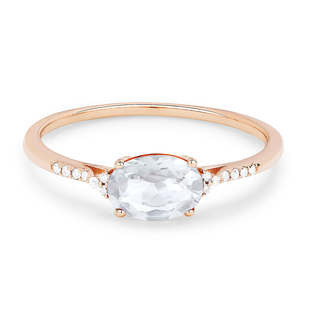 Beautiful Hand Crafted 14K Rose Gold 5x7MM White Topaz And Diamond Essentials Collection Ring