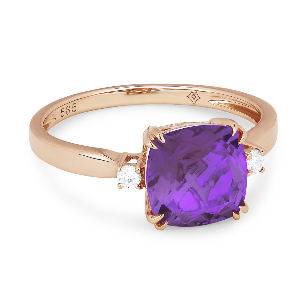 Beautiful Hand Crafted 14K Rose Gold 8MM Amethyst And Diamond Essentials Collection Ring
