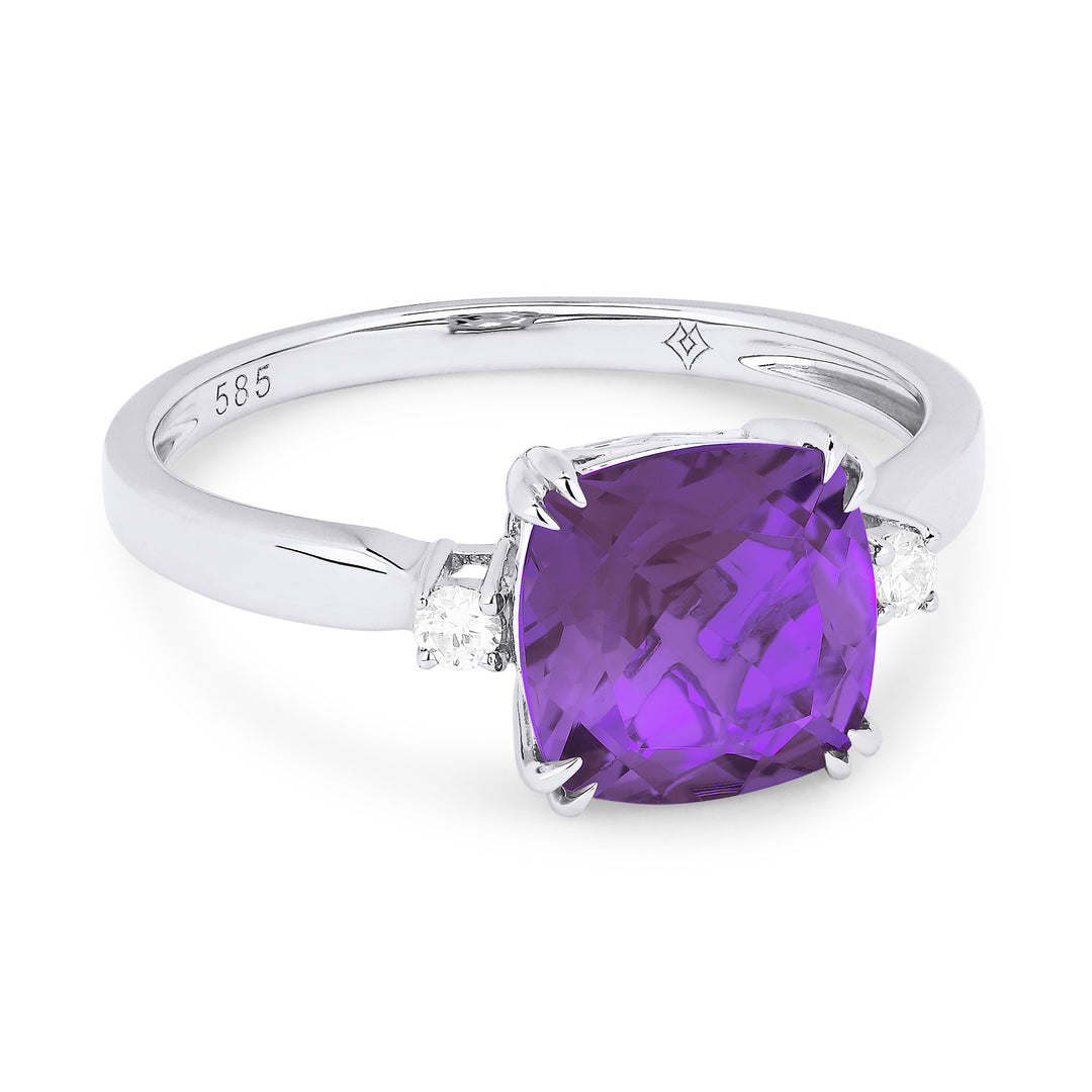 Beautiful Hand Crafted 14K White Gold 8MM Amethyst And Diamond Essentials Collection Ring