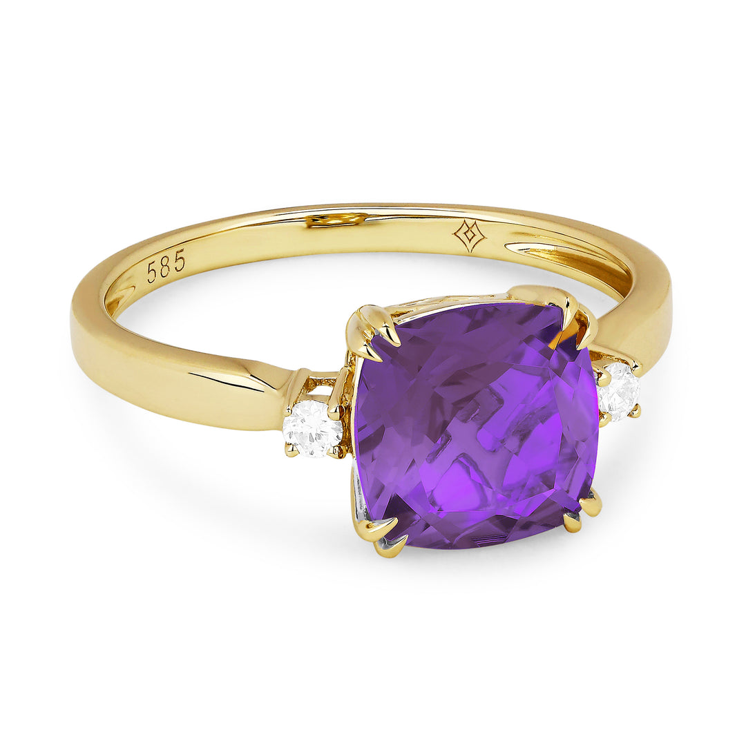 Beautiful Hand Crafted 14K Yellow Gold 8MM Amethyst And Diamond Essentials Collection Ring