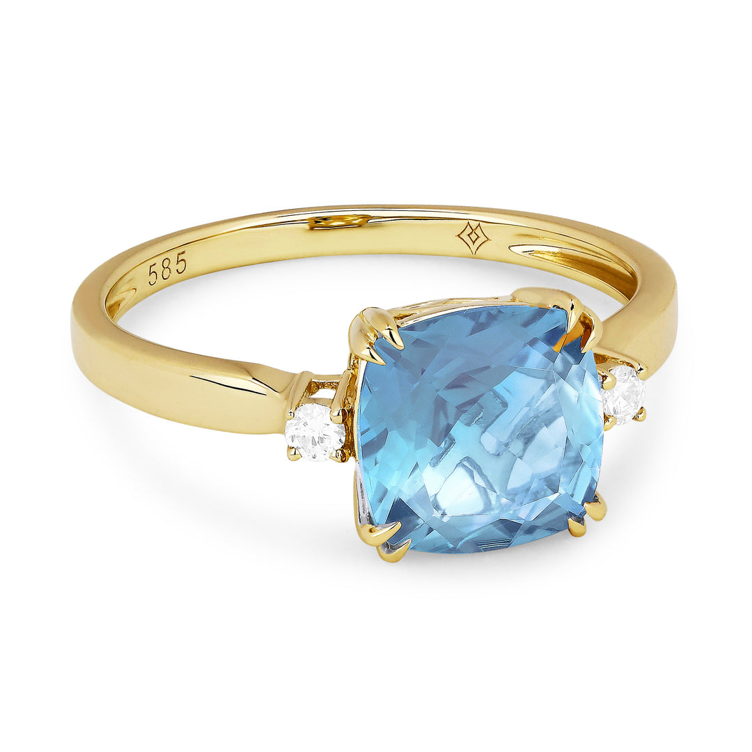 Beautiful Hand Crafted 14K Yellow Gold 8MM Blue Topaz And Diamond Essentials Collection Ring