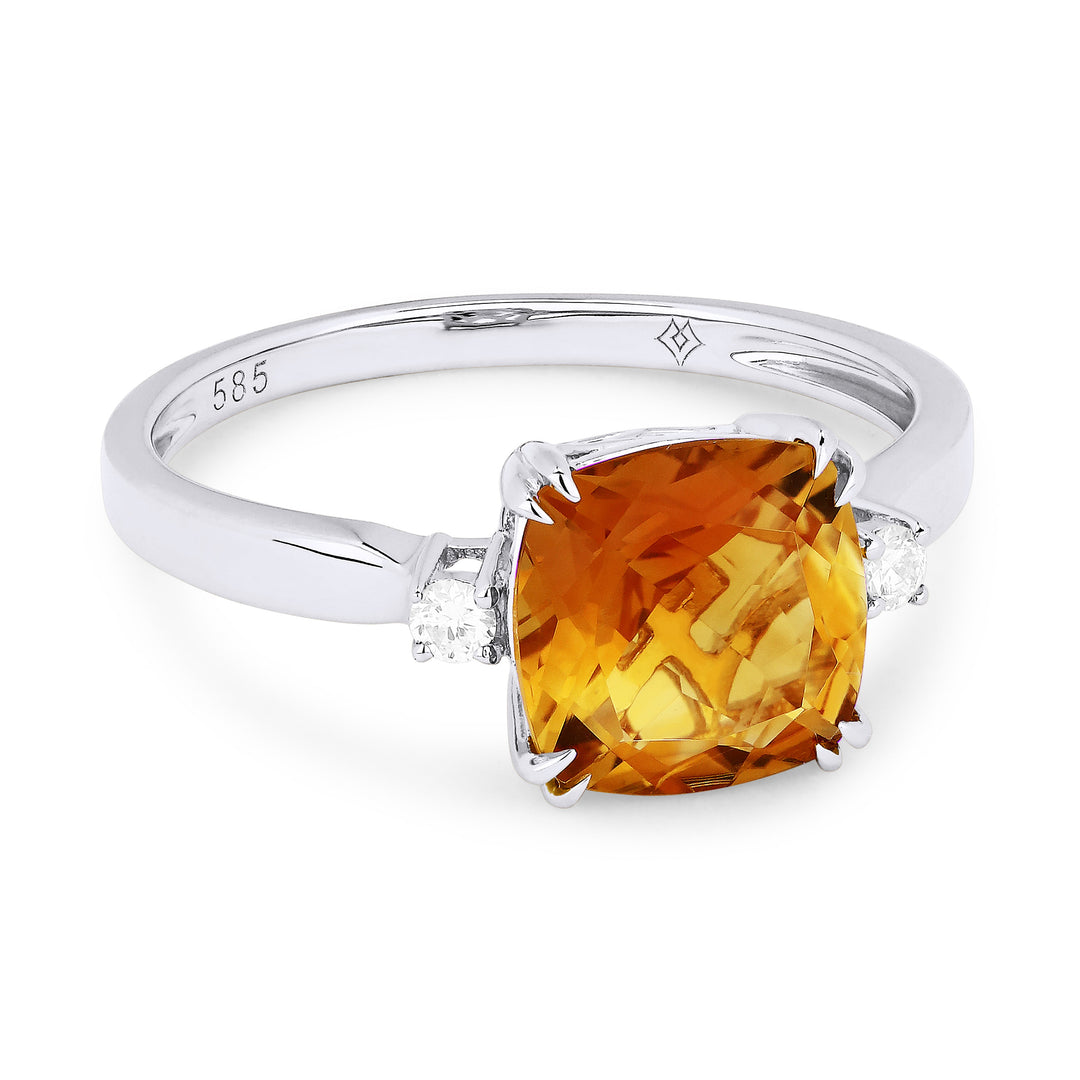 Beautiful Hand Crafted 14K White Gold 8MM Citrine And Diamond Essentials Collection Ring