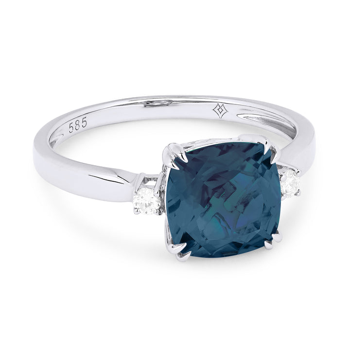 Beautiful Hand Crafted 14K White Gold 8MM London Blue Topaz And Diamond Essentials Collection Ring