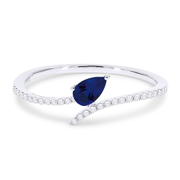 Beautiful Hand Crafted 14K White Gold 3x5MM Created Sapphire And Diamond Essentials Collection Ring