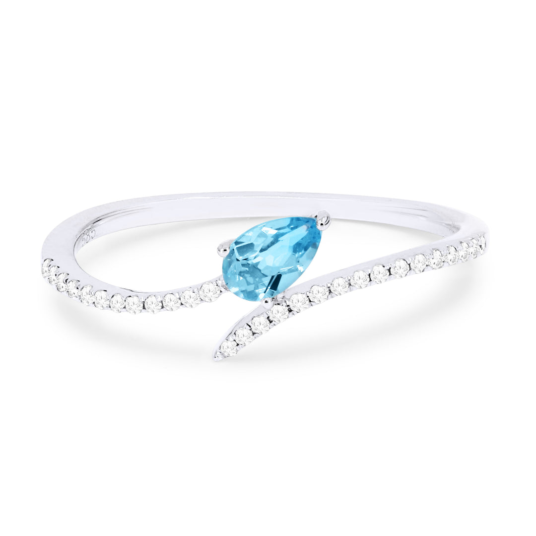 Beautiful Hand Crafted 14K White Gold 3x5MM Blue Topaz And Diamond Essentials Collection Ring