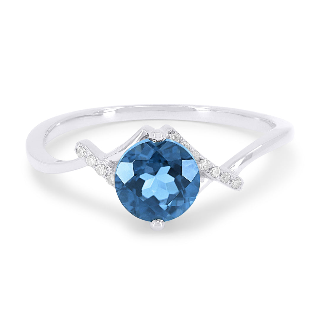 Beautiful Hand Crafted 14K White Gold 6MM Swiss Blue Topaz And Diamond Essentials Collection Ring