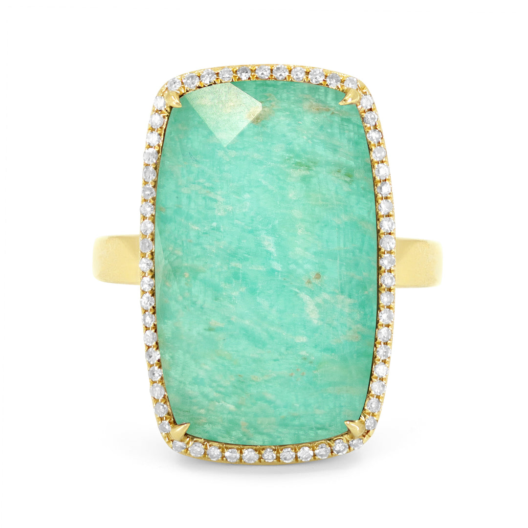 Beautiful Hand Crafted 14K Yellow Gold 12x20MM Amazonite And Diamond Essentials Collection Ring