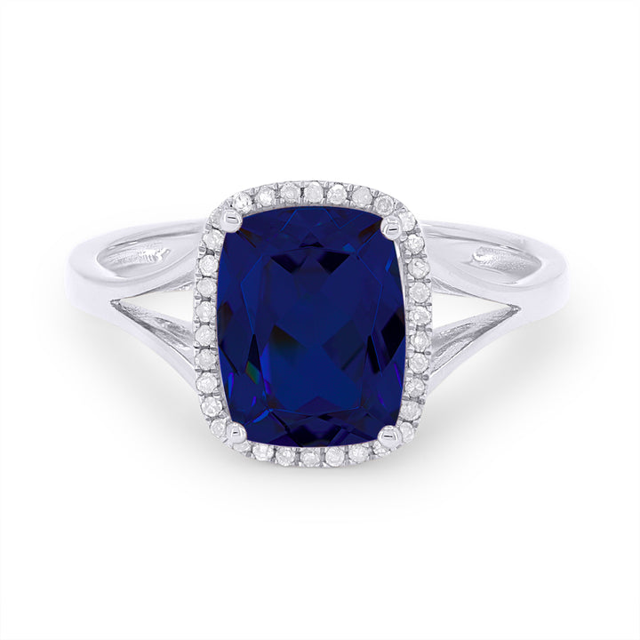 Beautiful Hand Crafted 14K White Gold 7x9MM Created Sapphire And Diamond Essentials Collection Ring
